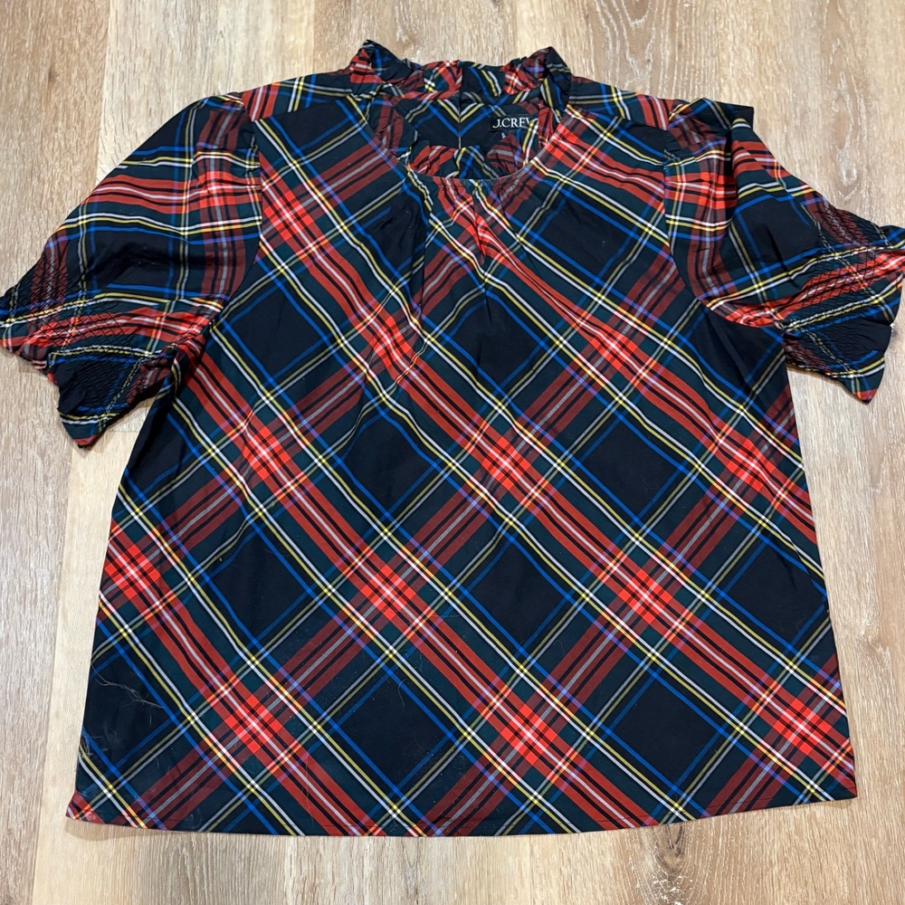J. Crew Navy Plaid Short Sleeve Blouse with Red and Yellow Accents